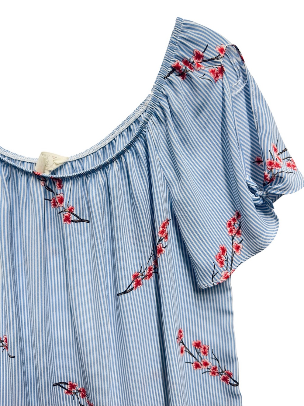 Satin Knit Pinstripe Floral Vines Off Shoulder Blouse Top - Picture 6 of 10